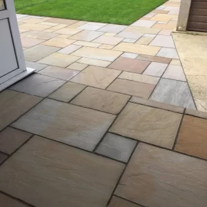 Camel Dust - 22mm - 15.25 Sqm - Patio Pack - Handcut - 48 Flags - Riven Indian Sandstone Paving Slabs